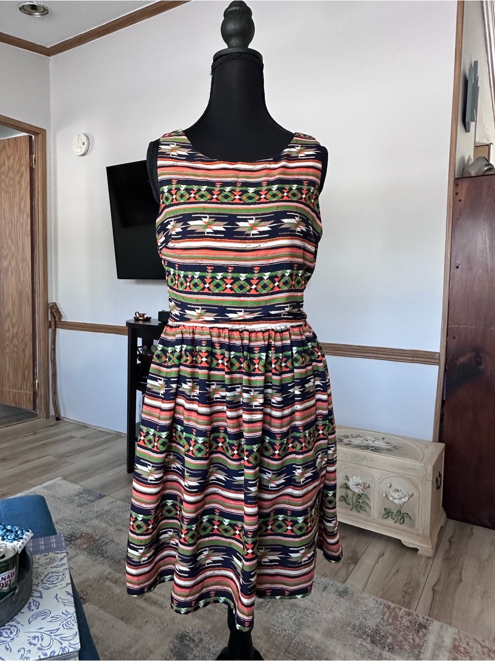 Anthropologie Orange & Green Tribal Aztec Print A-line Dress w Rayon Lining